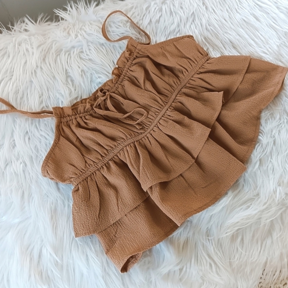 Wild Fable Western Honey Almond Tan Sleeveless Ruffle Tiered Flowy Crop Top